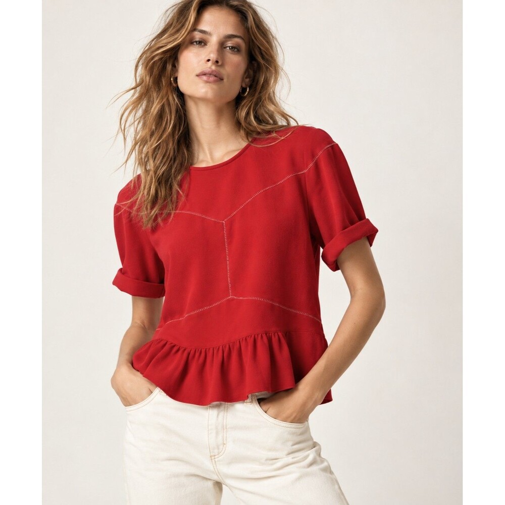 Isabel Marant Women’s Red Peplum Top Sz 40/M Contrast Stitch Short Sleeve Blouse